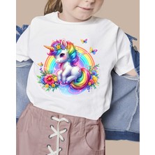 F17 Ajans Unicorn Baskılı %100 Pamuk Sıfır Yaka Kız Çocuk Tişörtü