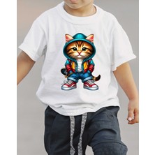 F17 Ajans Kapşonlu Kedi Baskılı %100 Pamuk Kısa Kollu Erkek Çocuk Tişörtü