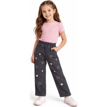 İrem Çocuk Giyim Kız Çocuk Pembe Kalp Nakışlı Beli Lastikli Koyu Füme Renk Pantolon