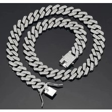 Şöhret Takı Aksesuar Taşlı Büyük Küba Zincir Kolye Silver