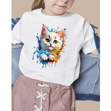 F17 Ajans Renkli Kedi Baskılı %100 Pamuk Sıfır Yaka Kız Çocuk Tişörtü