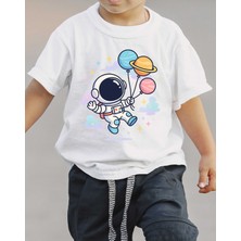 F17 Ajans Gezegen Balonlu Astronot Baskılı %100 Pamuk Kısa Kollu Erkek Çocuk Tişörtü