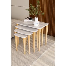 Aura Series, Beyaz Meşe 4'lü Zigon Sehpa Takımı, 1.sınıf Mdf ve Lake Boyalı Tabla, Gürgen Ayaklar