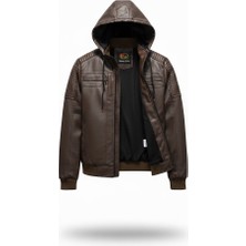 Mero Life Erkek Kahverengi Dar Kesim Kapüşonlu Bel Lastikli Ribanalı Deri Ceket & Mont