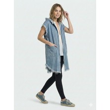 Asist Ast 4050 Kapüşonlu Püskül Detaylı Cepli Kadın Uzun Kot Yelek Mavi Model Kodu: 4050YELEK