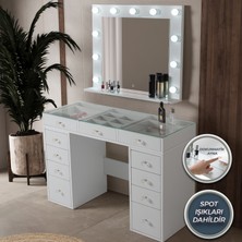 Eymense Dokunmatik LED Aynalı Camlı 11 Çekmeceli Takı Bölmeli Kulis Makyaj Masası Beyaz