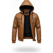 Mero Life Erkek Taba Dar Kesim Kapüşonlu Bel Lastikli Ribanalı Deri Ceket & Mont