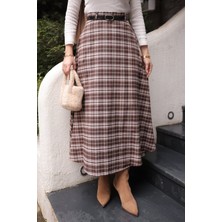 İmaj Butik Krem / Kahverengi Beli Kemerli Yandan Cepli Ekose Kloş Etek