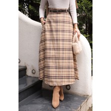 İmaj Butik Bej Beli Kemerli Yandan Cepli Ekose Kloş Etek