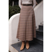 İmaj Butik Vizon Beli Kemerli Yandan Cepli Ekose Kloş Etek