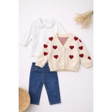Bambino Kalp Desenli Triko Hırka Body Jean Pantolon 3’lü Takım