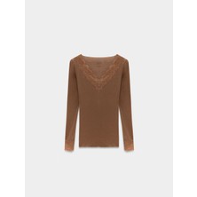 Dilvin 32311 Dantelli Kaşmir Bluz-Koyu Vizon