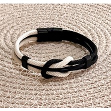 Saat Farkı Siyah Beyaz Taraftar Temalı Deri&makreme Düğüm Model Bileklik (Net 21CM)