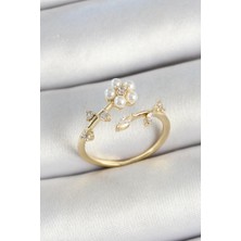 Inure Jewelry Pirinç Inci Detaylı Papatya Figürlü Zirkon Taşlı Gold Renk Ayarlanabilir Kadın Yüzük