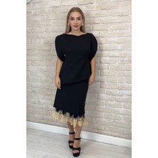 Muna Boutique Siyah Altın Etekleri Dantel Detaylı Kadın Alt Üst Takım