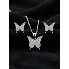 Roza Silver 925 Ayar Gümüş Rodyum Kaplama Zirkon Taşlı Minimal Kelebek Kolye-Küpe 2'li Set