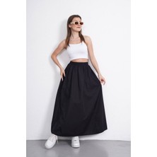 Eylül Fileto Cepli Poplin Kumaş Uzun Etek Astarsız (90CM) Siyah  Renk