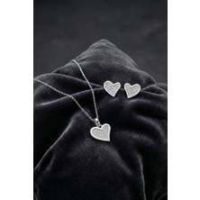 Roza Silver 925 Ayar Gümüş Rodyum Kaplama Zirkon Taşlı Minimal Asimetrik Kalpli Kolye-Küpe 2'li Set