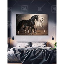 SML Tablo Siyah ve Beyaz Asil At Yürüyen At Horse Hayvan Dekor Yatay Kanvas Tablo