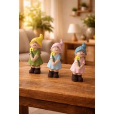 Yedi Cüceler El Sanatları El Yapımı Kız Cüce Figür Biblo Seti - El Boyaması 3'lü (9-7-5 Cm)