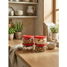 Leelahome 4'lü Set Kapaklı Cam Saklama Kabı 415 ml - Kırmızı