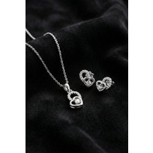 Roza Silver 925 Ayar Gümüş Rodyum Kaplama Zirkon Taşlı Minimal Tektaş Kalp Kolye-Küpe 2'li Set