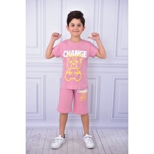 Buufuu Unisex Change Baskılı Çocuk Kısa Kol Yazlık Beli Lastikli Cepli Şort Alt Üst Takım