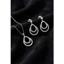 Roza Silver 925 Ayar Gümüş Rodyum Kaplama Zirkon Taşlı Çift Katmanlı Damla Kolye-Küpe 2'li Set