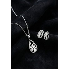 Roza Silver 925 Ayar Gümüş Rodyum Kaplama Zirkon Taşlı Damla Hayat Ağacı Kolye-Küpe 2'li Set