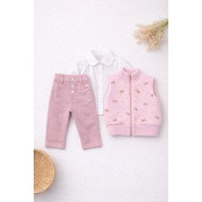 Bambino Fiyonk ve Taş Detaylı Triko Yelek Gömlek Pantolon 3’lü Takım