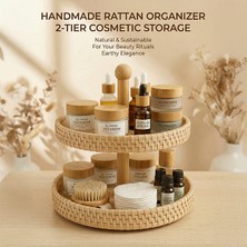 Erkugo 2 Katlı %100 El Yapımı Yuvarlak Sunumluk, Doğal Rattan Tabak, Sunum Tepsisi BH24375-2