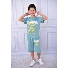 Buufuu Unisex Change Baskılı Çocuk Kısa Kol Yazlık Beli Lastikli Cepli Şort Alt Üst Takım