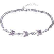 Nagiss 3'lü Kelebek Model Pembe Zirkon Taşlı 925 Ayar Gümüş Kadın Bileklik