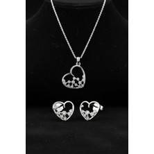 Roza Silver 925 Ayar Gümüş Rodyum Kaplama Zirkon Taşlı  Minimal Yıldız Dizilimli Kalp Kolye-Küpe 2'li Set