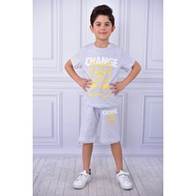 Buufuu Unisex Change Baskılı Çocuk Kısa Kol Yazlık Beli Lastikli Cepli Şort Alt Üst Takım