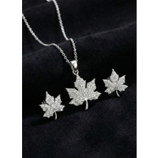 Roza Silver 925 Ayar Gümüş Rodyum Kaplama Zirkon Taş Işlemeli Çınar Yaprağı Kolye-Küpe 2'li Set