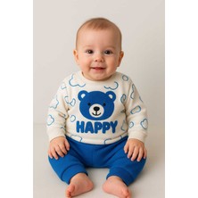 Buufuu Sevimli Ayıcık Panç Nakışlı Baskılı Uzun Kol Waffle Kumaş Alt Üst Aylık Bebek Takım