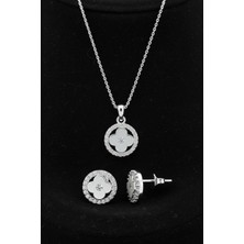 Roza Silver 925 Ayar Gümüş Rodyum Kaplama Zirkon Taşlı Anturaj Yuvarlak Yonca Kolye-Küpe 2'li Set