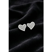Roza Silver 925 Ayar Gümüş Rodyum Kaplama Zirkon Taşlı Minimal Asimetrik Kalpli Çivili Küpe