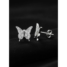 Roza Silver 925 Ayar Gümüş Rodyum Kaplama Zirkon Taşlı Minimal Kelebek Çivili Küpe