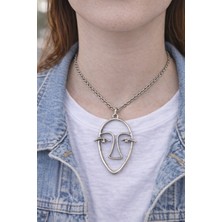 Herşey Nota Minimal Soyut Yüz Figürlü Gümüş Renk Unisex Günlük Kolye