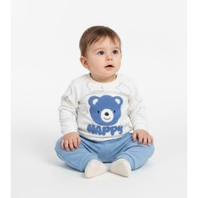 Buufuu Sevimli Ayıcık Panç Nakışlı Baskılı Uzun Kol Waffle Kumaş Alt Üst Aylık Bebek Takım