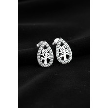 Roza Silver 925 Ayar Gümüş Rodyum Kaplama Zirkon Taşlı Damla Hayat Ağacı Çivili Küpe