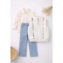 Bambino Payet Şeritli Triko Yelek Gömlek Jean Pantolon 3’lü Takım