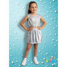 Alt Üst Ikli Takım Parlak Lame Baskılı Penye Üst Gabardin Lame Gümüş Baskılı Mini Etek.