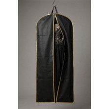 Siyah Renk Gold Şeritli Çift Kulplu Nonwoven Abiye Elbise Kılıfı – 160X60 Cm, Kalın Diş Fermuarlı