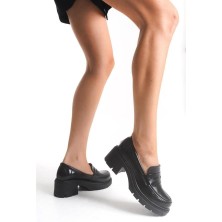 Sibel Gürel K-706 Siyah Kırışık Rugan Yüksek Tabanlı Loafer Ayakkabı