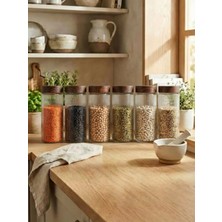 6'lı Set Ahşap Desen Kapaklı Cam Saklama Kabu 1350 ml - Koyu Kahve