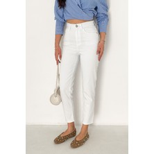 Hlt Jeans Beyaz Kadın Likralı Mom Jean Yüksek Bel Esnek Kot Pantolon ANNA-2073