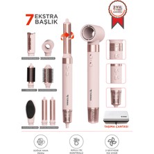 Feyza Design Pembe 7'li Çok Fonksiyonlu Hava Üflemeli Saç Şekillendirici ve Kurutma Aleti